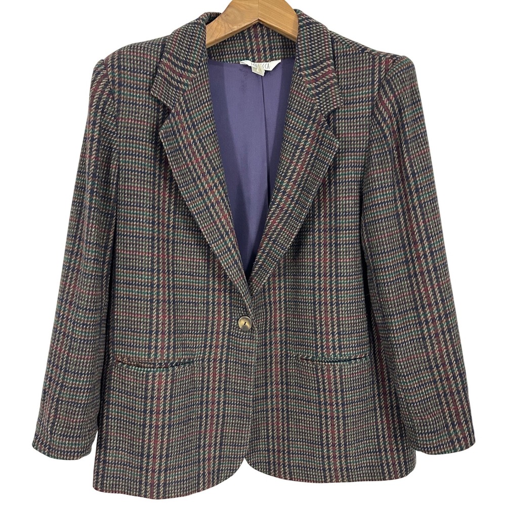 Vintage Sellecca Tweed Plaid Wool Blend Blazer Women's Size 14 Dark Academia